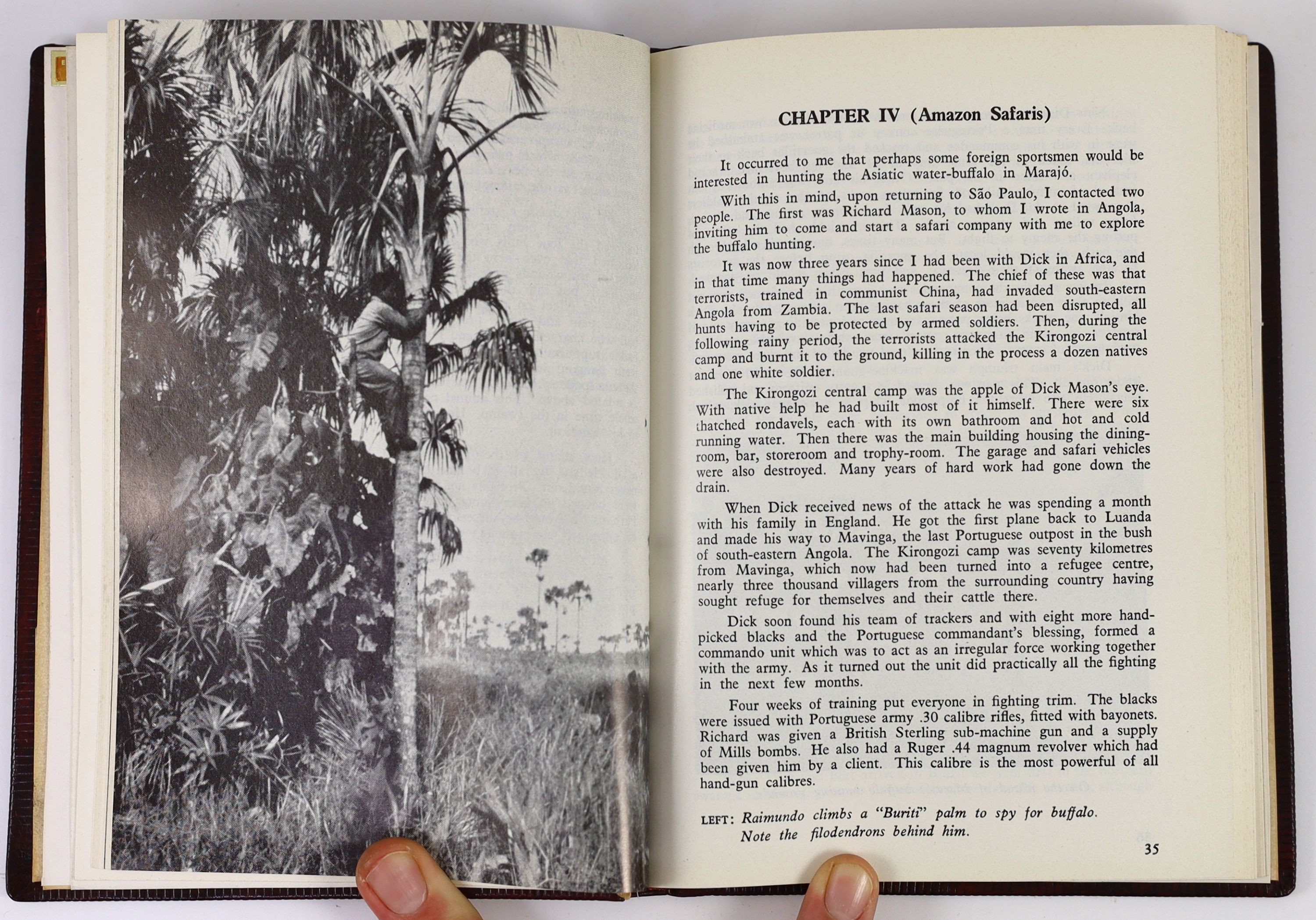 Almeida, Antonio A. Jaguar Hunting in the Mato Grosso. Stanwill Press, 1976. Full dark brown leather binding, gilt, with the original stiff paper wrapper bound in. * With a presentation inscription on the second free end
